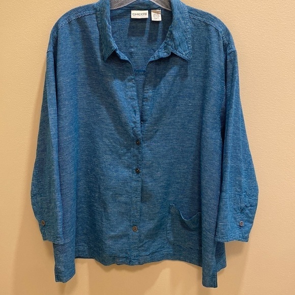 Chico’s Linen Blend 3/4 Sleeve Shirt Blue White Stripe Sz 16 *Tiny Flaw Read - Picture 1 of 6